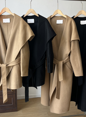 2025秋冬新款M家驼色双面羊绒大衣女大翻领系带长款羊毛呢外套厚