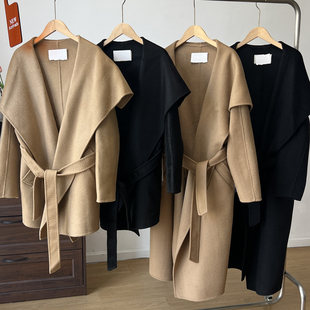 2025秋冬新款M家驼色双面羊绒大衣女大翻领系带长款羊毛呢外套厚