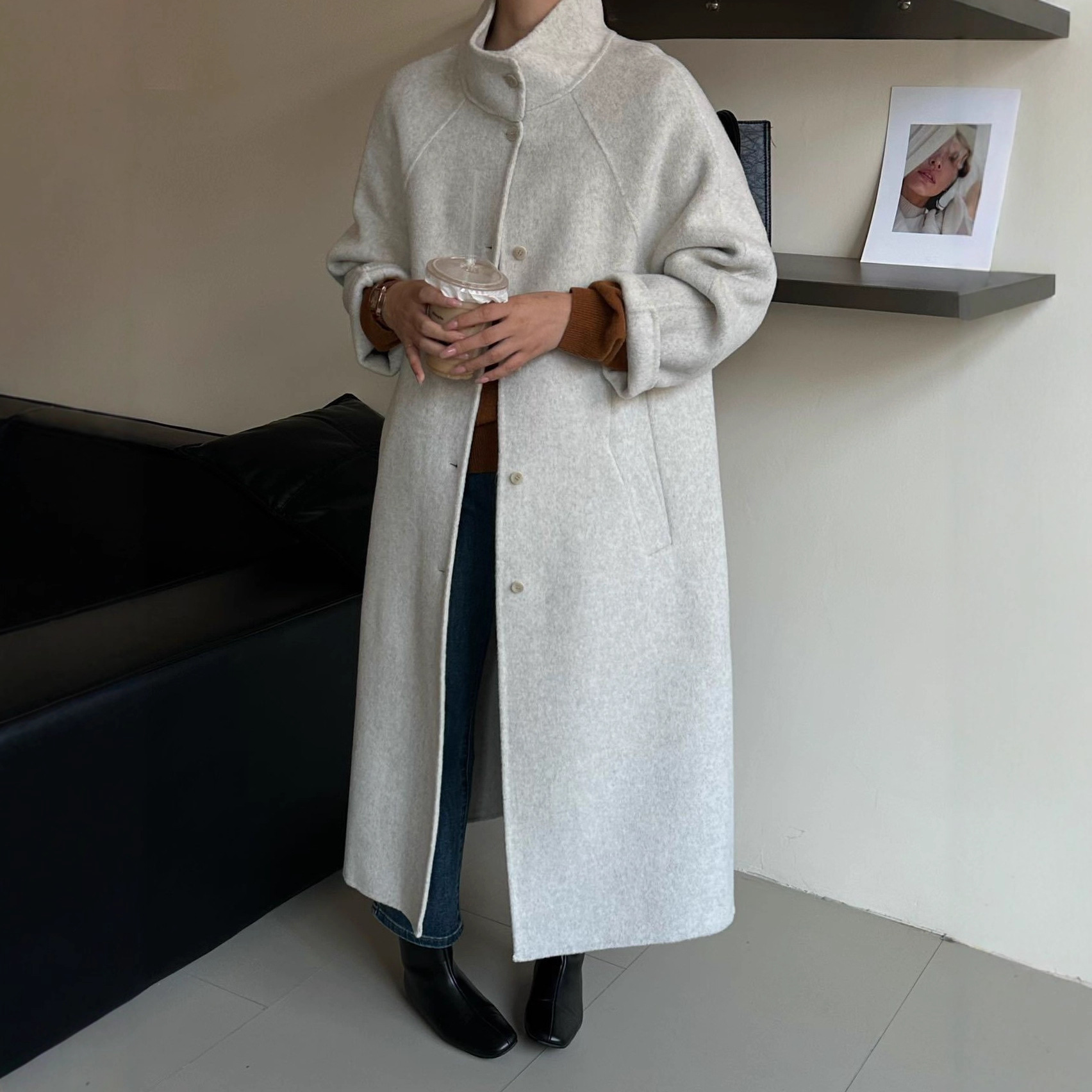 韩系慵懒单排扣立领双面羊绒大衣