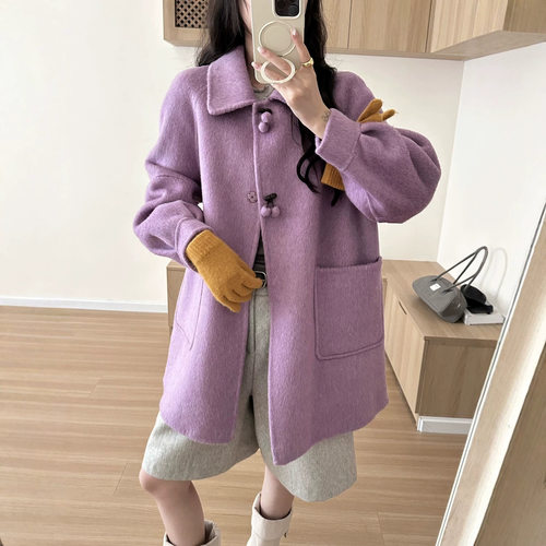 2026新款翻领感粉色羊毛大衣女赫本风小个子百搭外套秋冬穿搭厚