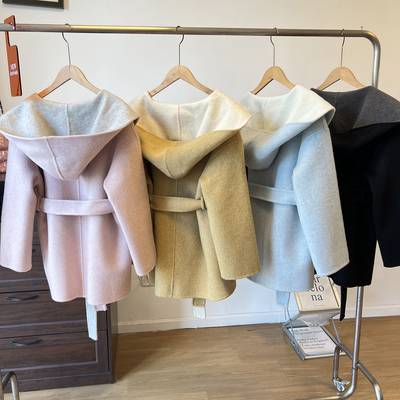 连帽收腰斗篷双面拼色羊毛大衣