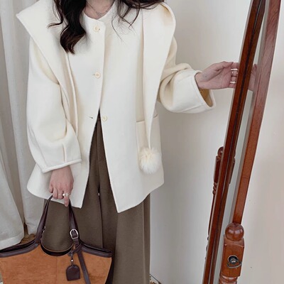 围巾带帽狐狸毛球双面羊绒大衣