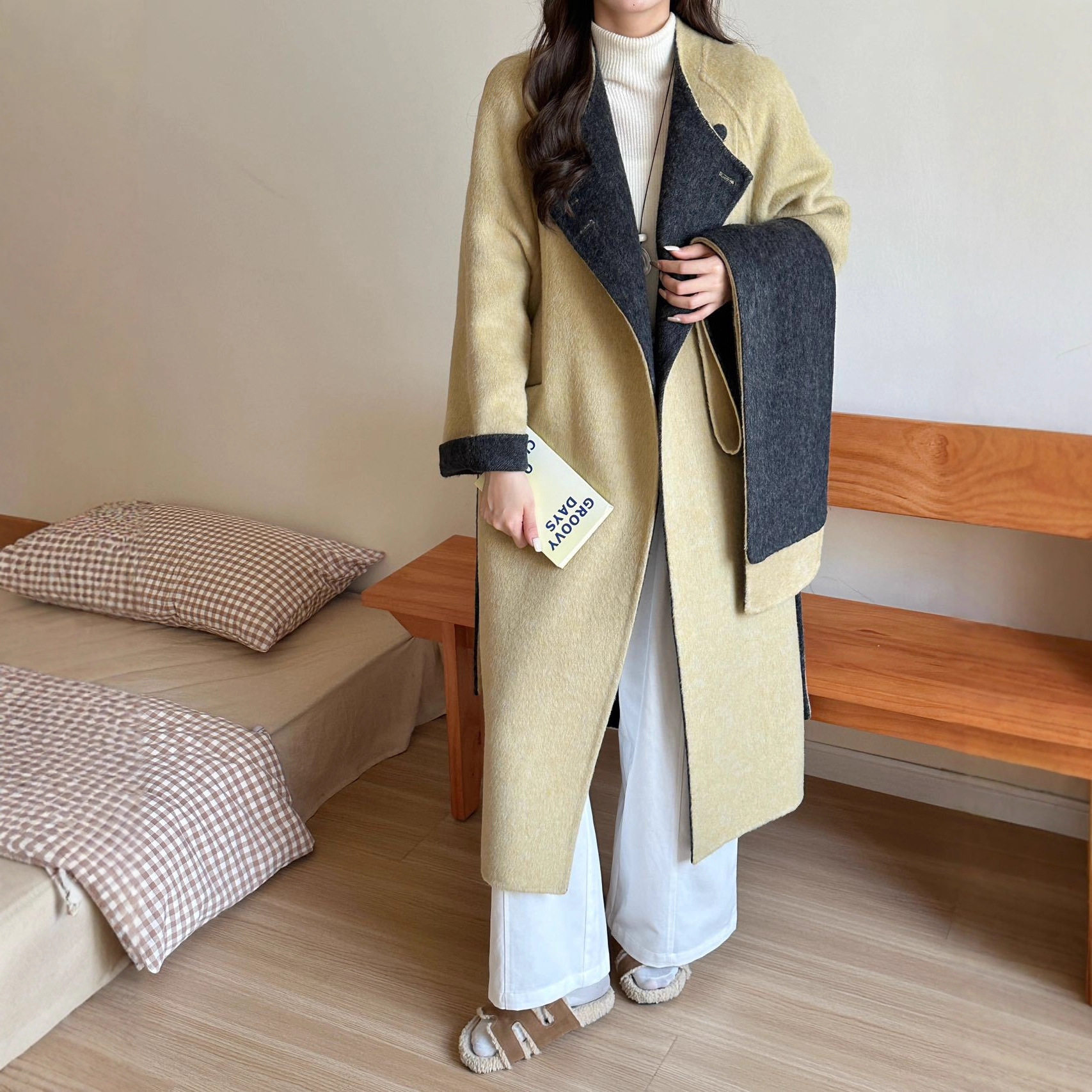 韩版高级感围巾领长款双面双色羊绒大衣女系带2025秋冬羊毛外套厚