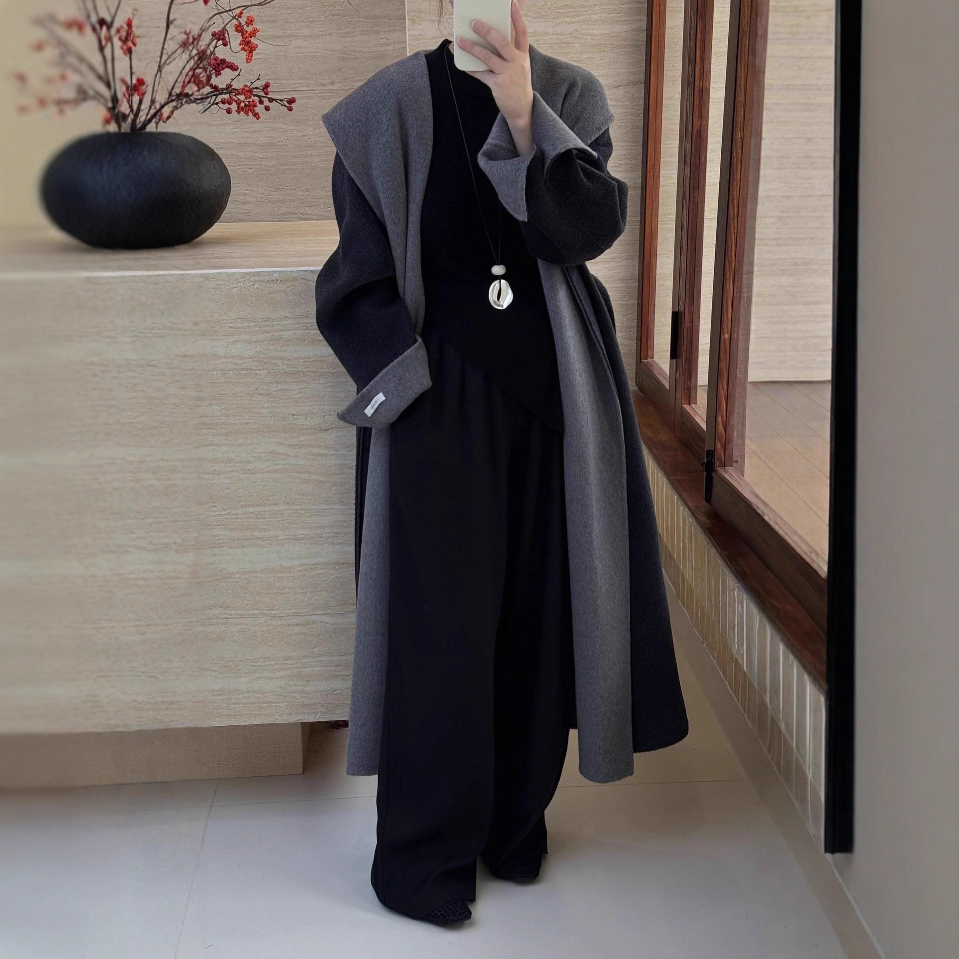 2025秋冬高级感双面双色系带连帽羊绒大衣女长款过膝羊毛呢外套厚
