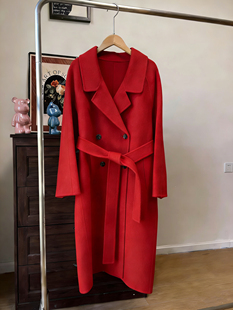 2026新款高级感红色系带双面呢羊毛大衣女长款过膝加厚羊绒外套厚