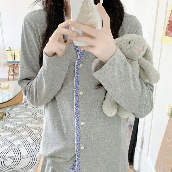 韩系新款女士睡衣灰色全棉针织格纹花边v领长袖长裤家居服套装,女士内衣/男士内衣/家居服,睡袍/浴袍,淘宝优惠券,粉丝福利购,淘宝优惠卷