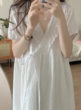 夏季韩系极简花边系带女士睡裙