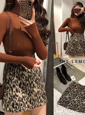 包邮 The Lemon柠檬绿茶 冬季厚实豹纹高腰显瘦百搭半身裙短裙女