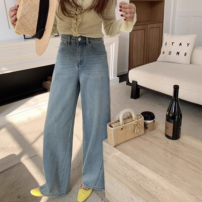 EE 3136#2025春夏 高腰显瘦弹力浅蓝松弛感弯刀裤阔腿牛仔长裤女