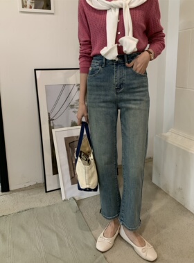 速 5592#2024春 高腰显瘦高弹力蓝色侧开叉烟管九分小直筒牛仔裤