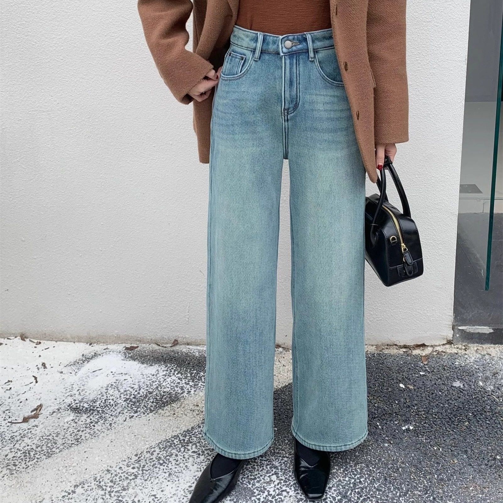 琦 6659#2025冬高腰显瘦弹力加绒加厚宽直筒浅蓝阔腿牛仔裤小个子,女装/女士精品,牛仔裤,淘宝优惠券,粉丝福利购,淘宝优惠卷