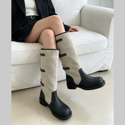 韩版东大门爆款靴子女夏季新款方头粗跟牛皮宽筒长靴骑士靴