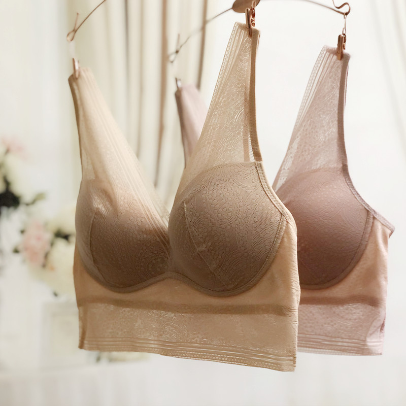 舒适无钢圈背心式文胸微聚拢薄款大码胸罩深V一片式蕾丝无痕内衣