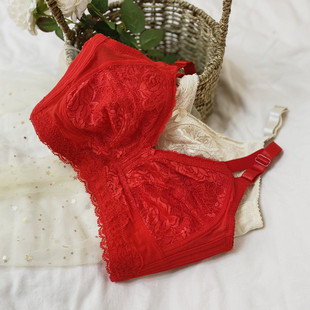 大胸显小文胸收副乳薄无钢圈大码 F杯胖mm本命年大红色内衣防下垂