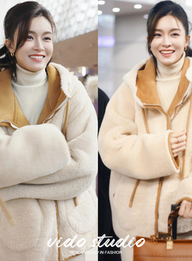 文咏珊明星同款麂皮绒连帽毛毛外套女25冬装可爱环保皮毛一体皮草