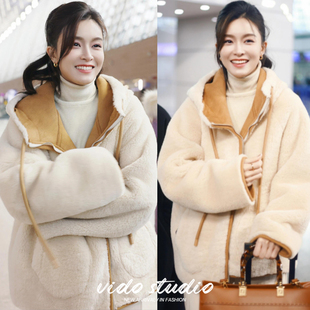 文咏珊明星同款麂皮绒连帽毛毛外套女25冬装可爱环保皮毛一体皮草