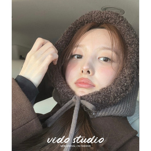 林娜琏明星同款咖色巴拉克拉法帽韩版保暖毛毛围脖护耳针织帽子