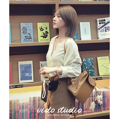 磨毛加厚半开领横条纹长袖t恤