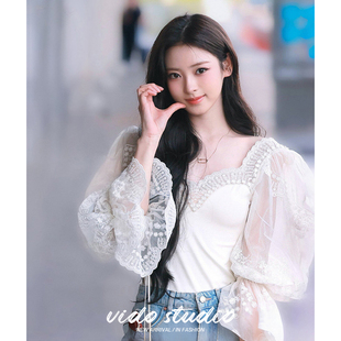 甜美风日韩系带方领花边衬衫 ANNA田中杏奈同款 女白色显瘦纯欲上衣
