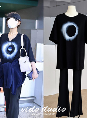 赵露思同款黑色圆领短袖T恤女宽松图案印花飘带小众设计感上衣潮