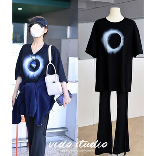 赵露思同款黑色圆领短袖T恤女宽松图案印花飘带小众设计感上衣潮