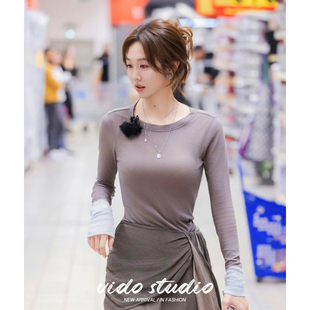 中餐厅姜妍同款圆领长袖修身打底衫撞色上衣半裙两件套气质套装