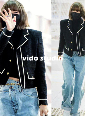 Lisa同款黑色撞色小香风短外套女春秋法式粗花呢气质显瘦短款上衣