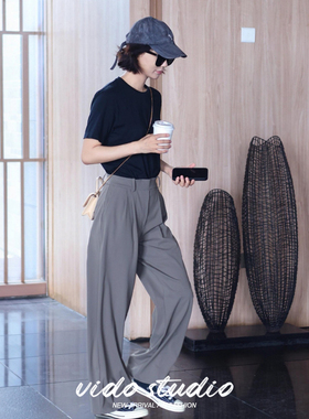 王珞丹同款灰色西装裤女夏秋垂感宽松松弛休闲阔腿直筒裤显瘦长裤