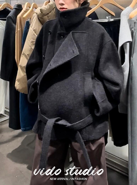 金敏喜同款黑色羊毛毛呢外套女翻领腰带修身短款气质高级感大衣冬