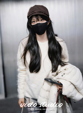 田曦薇明星同款白色拉绒羊毛毛衣女25秋冬圆领套头羊绒针织衫上衣