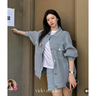 高允真同款浅蓝色韩系工装风外套短裙休闲针织半裙套装26早春新款