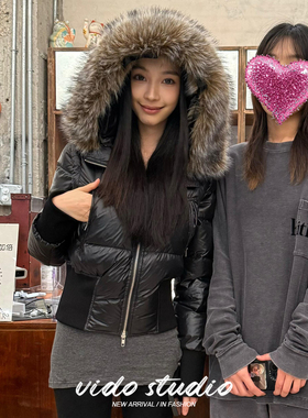 易梦玲同款黑色狐狸毛领连帽短款羽绒服女冬小众辣妹修身显瘦外套