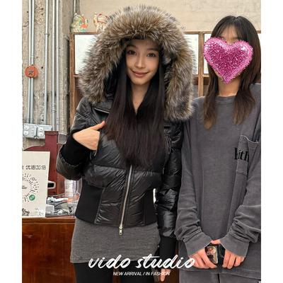 易梦玲同款黑色狐狸毛领连帽短款羽绒服女冬小众辣妹修身显瘦外套