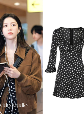 高允真同款长袖复古碎花U领收腰显瘦连衣裙女法式度假风短裙春夏