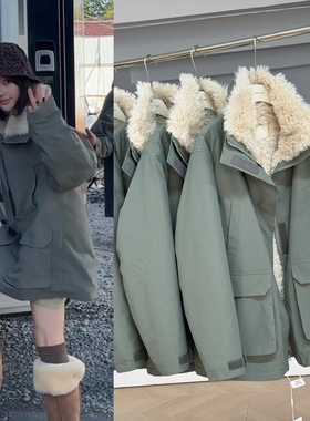 赵露思明星同款军绿色羊羔毛工装派克服女中长款加绒冲锋衣外套厚