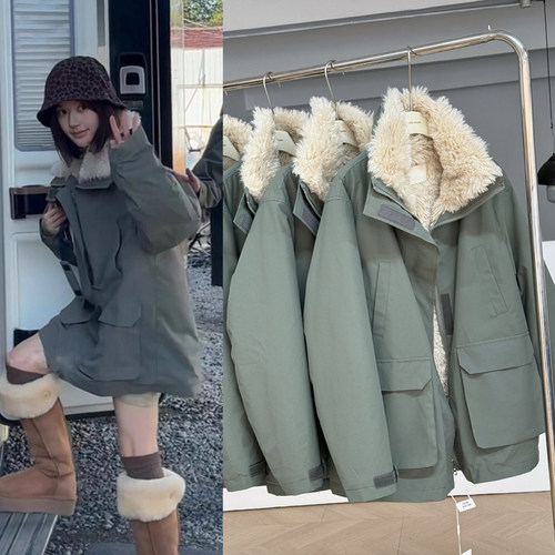 赵露思军绿色大衣外套棉服冬季