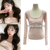 张元 T恤女纯欲芭蕾风复古甜美上衣薄 长袖 英同款 粉色U领蕾丝边修身