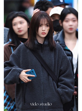 杨超越同款灰色立领羊羔毛外套女宽松拉链摇粒绒夹克休闲抓绒衫冬