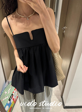 美式辣妹黑色小吊带衫小众设计感外穿气质老钱风高级感蓬蓬上衣夏