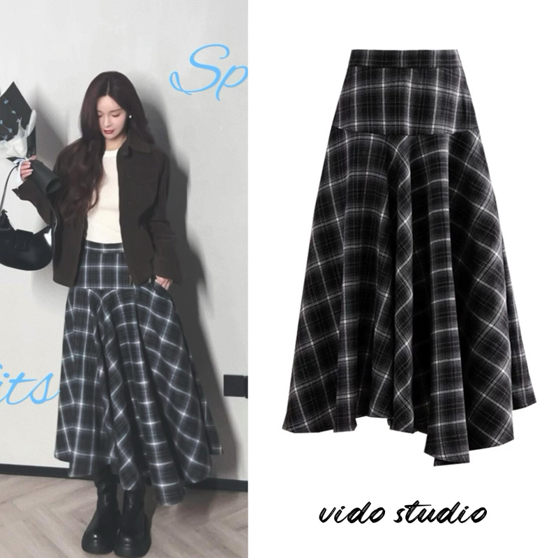 高腰格子半身裙文艺中长伞裙