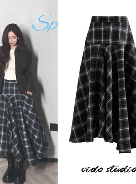 沈梦辰灰色复古文艺格子高腰半身裙高级松弛感ins风A字中长裙子女