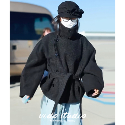 章若楠同款黑色羊毛毛呢外套女翻领腰带修身短款气质高级感大衣冬