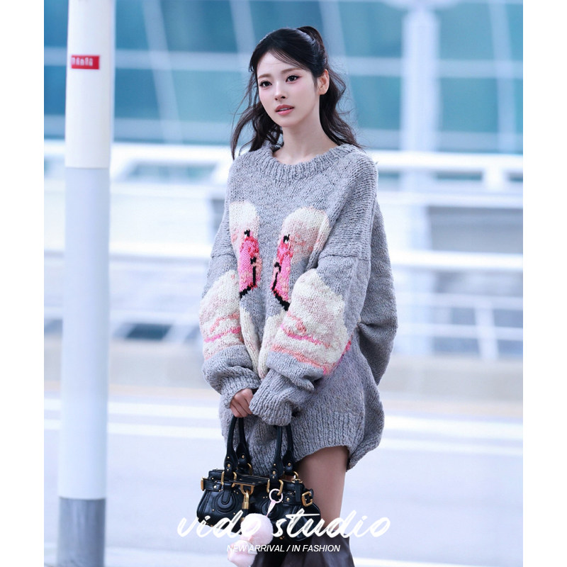 田中信奈同款灰色火烈鸟提花毛衣女宽松慵懒感温柔羊毛针织衫上衣,女装/女士精品,毛衣,淘宝优惠券,粉丝福利购,淘宝优惠卷
