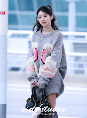田中信奈同款灰色火烈鸟提花毛衣女宽松慵懒感温柔羊毛针织衫上衣