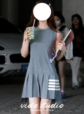 许妍同款灰色无袖针织连衣裙减领学院风小个子百褶裙女休闲背心裙