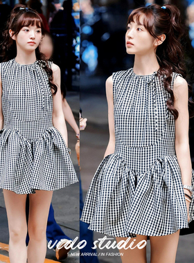 田曦薇同款格子无袖连衣裙女夏季显瘦小个子娃娃蓬蓬裙可爱风短裙