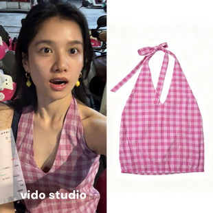张婧仪同款格纹挂脖背心女深V露背系带挂脖上衣性感显露美背