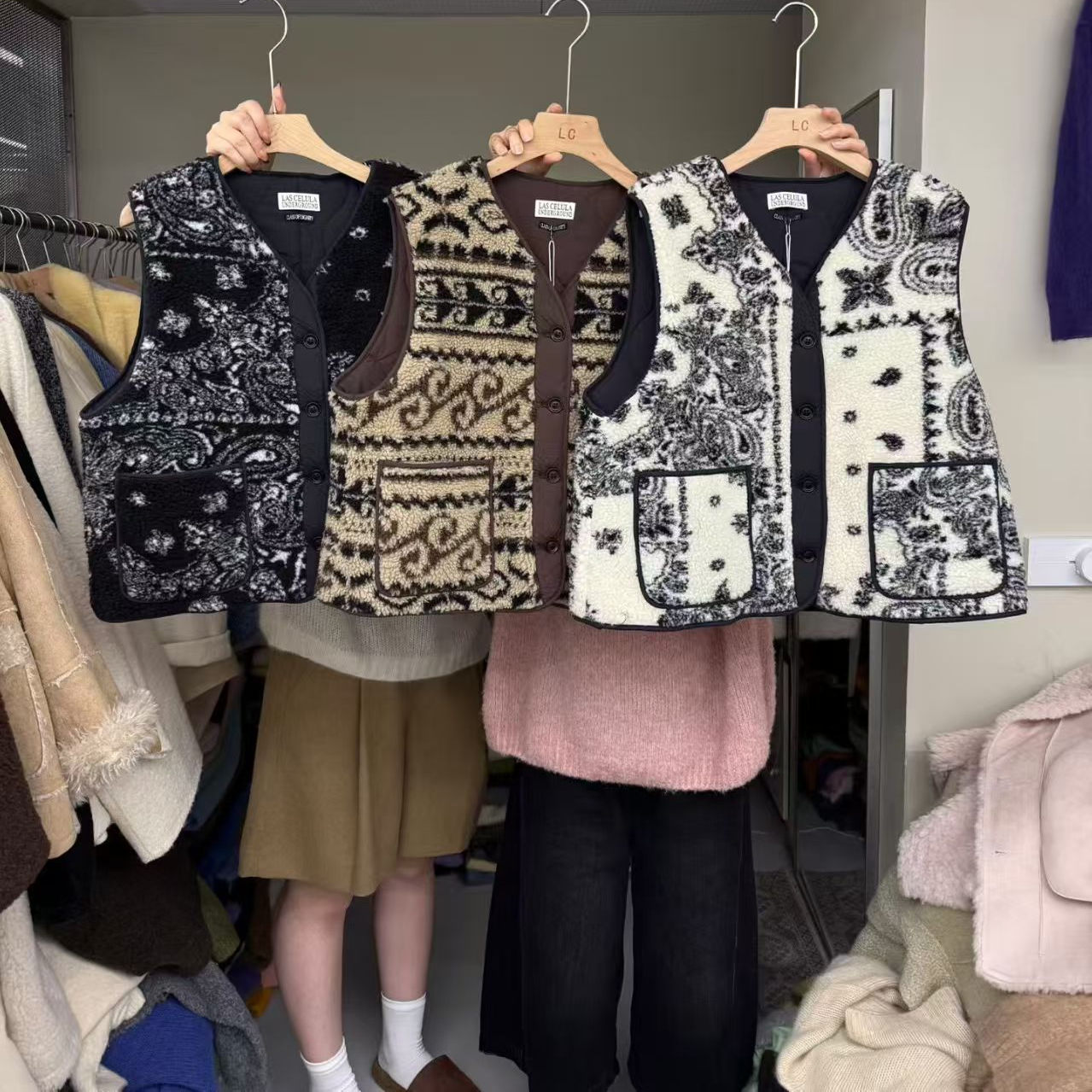 复古印花羊羔毛马甲女无袖保暖