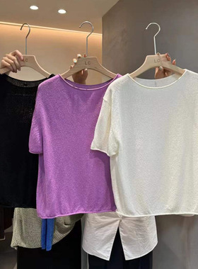 LAS CELULA正品实体店同款2024春季黑色圆领短袖针织衫宽松上衣女