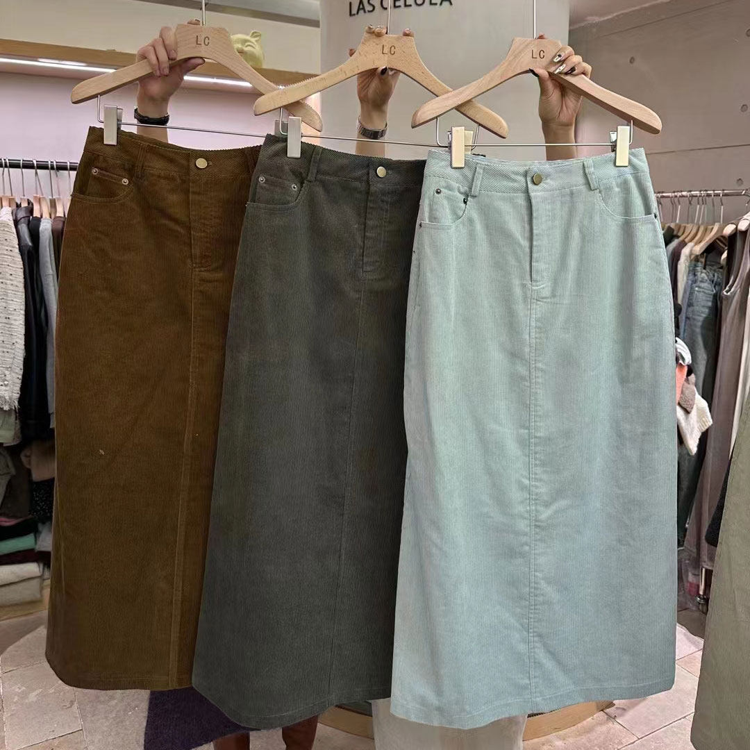 中长款A字灯芯绒开叉半身裙女